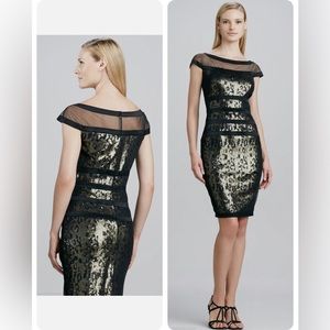 Tadashi Shoji Illusion Black gold Sequin Banded Sheath Dress - size 12